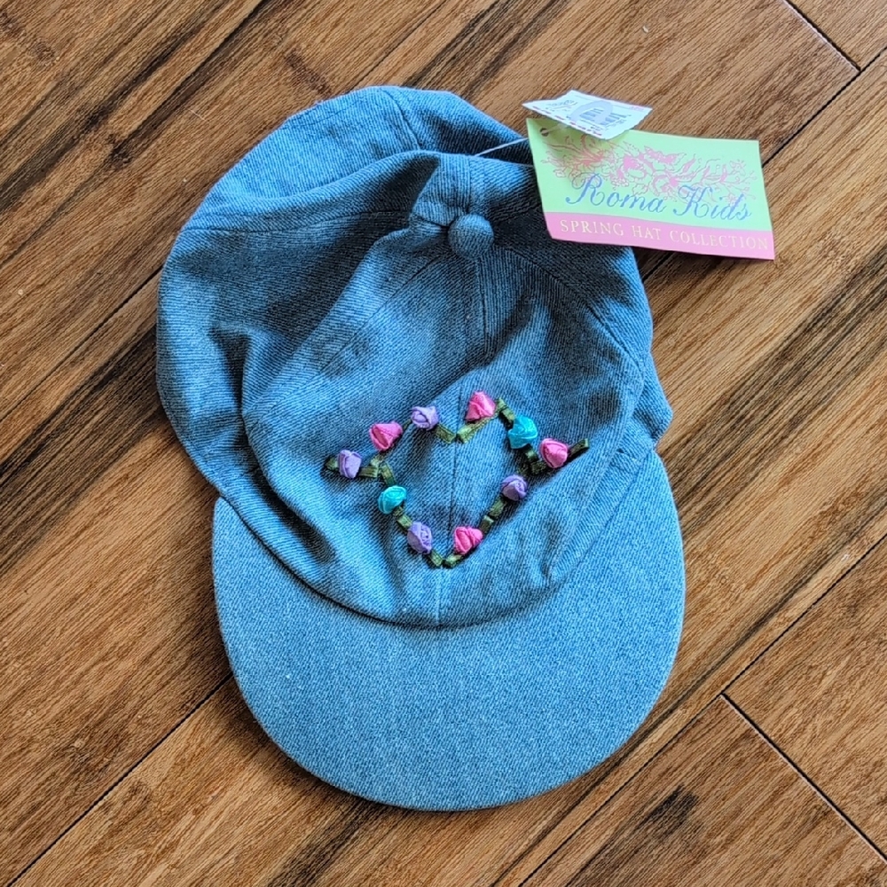 NWT Blue Denim Cap with Ribbon Flowers